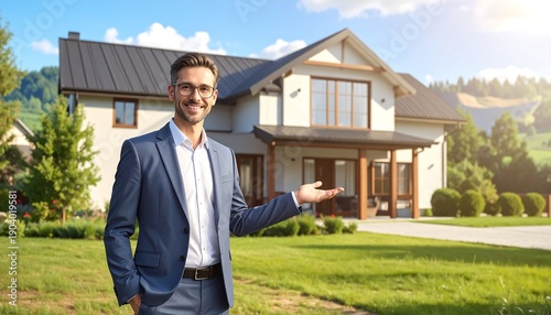 A smiling man in a suit gestures towards a bright, two-story house with a black roof and a well-kept lawn