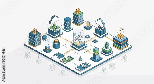 Isometric illustration of a complex data processing system with various components and connections.