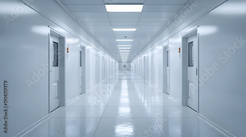 Wallpaper Mural Long Hospital Corridor with Doors and Bright Overhead Lighting. Torontodigital.ca