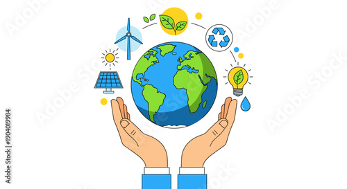 Hands holding planet earth with renewable energy symbols around 1.