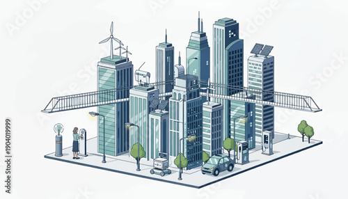 Isometric cityscape with modern skyscrapers and sustainable energy.