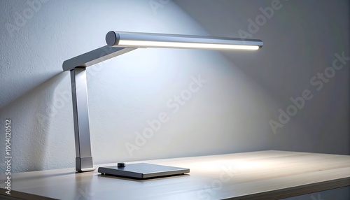 Modern silver LED desk lamp with adjustable arm on wooden surface image photo