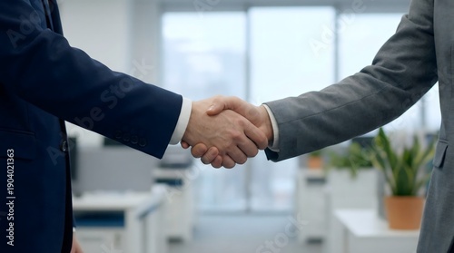 Close-up of a firm handshake between two business partners, symbolizing a successful negotiation, new agreement, and professional collaboration in a modern office setting