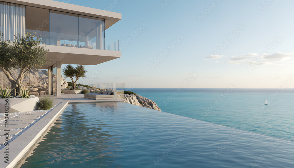 Fototapeta premium Stunning Modern Cliffside Villa with Infinity Pool and Ocean View.