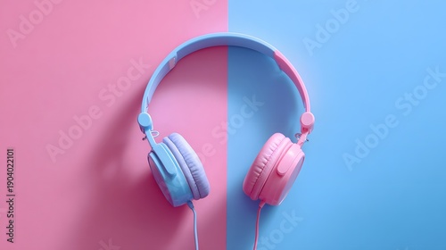 Wallpaper Mural Stylish Headphones on Pink and Blue Background - A Colorful Aesthetic. Torontodigital.ca