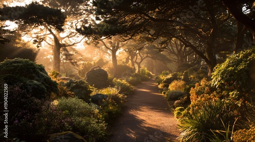 Wallpaper Mural Sunlit Path Through Lush Garden - A Serene Morning Walk Amidst Natures Beauty. Torontodigital.ca