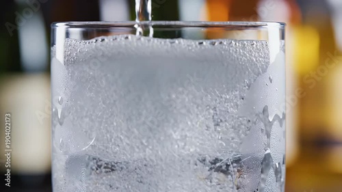 Sparkling water poured over ice cubes in a tall glass