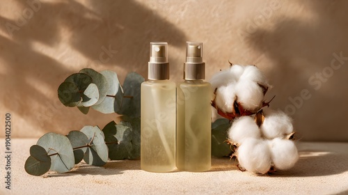 Wallpaper Mural Two Transparent Spray Bottles with Cotton and Eucalyptus Leaves on a Beige Surface. Torontodigital.ca