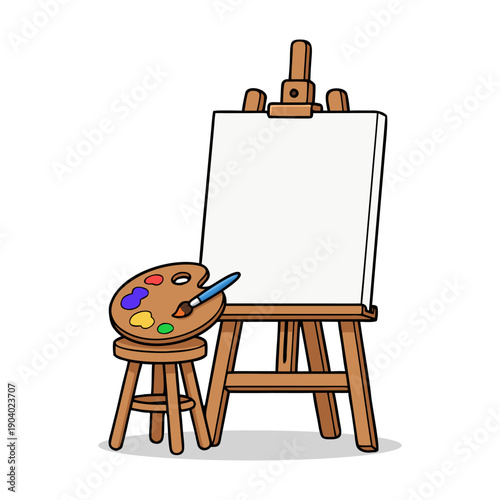 Hand Drawn Colorful Easel Stool Palette and Brush Art Illustration