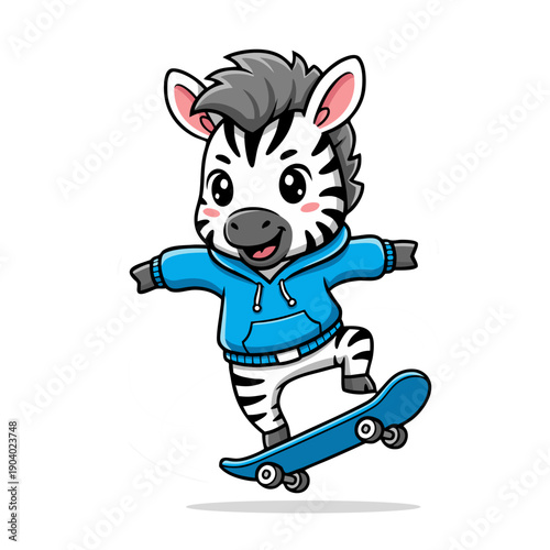Cute Cartoon Style Zebra Riding Skateboard Wearing Hoodie Illustration