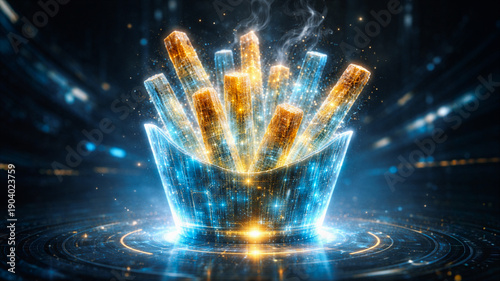 近未来に浮かぶフライドポテトのイメージ/Futuristic Floating French Fries Concept Generative AI