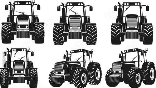 Agricultural tractor silhouette set featuring modern farming vehicles in front and angled views, rural machinery for agriculture, cultivation and farm equipment black vector illustration isolated