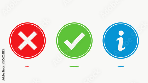 Set of three round status icons showing X, check, and information symbols in red, green, and blue colors.