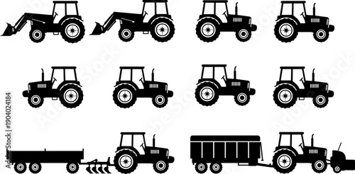Agricultural tractor silhouettes set with loaders, trailers, and farm equipment, black farming machinery icons isolated on white background for rural, industrial, and agriculture design projects
