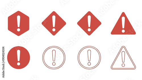 Set of warning and alert icons featuring exclamation marks in red, including circular and diamond shapes.
