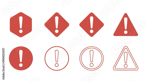 Collection of red warning icons with exclamation marks in various shapes and outlines.