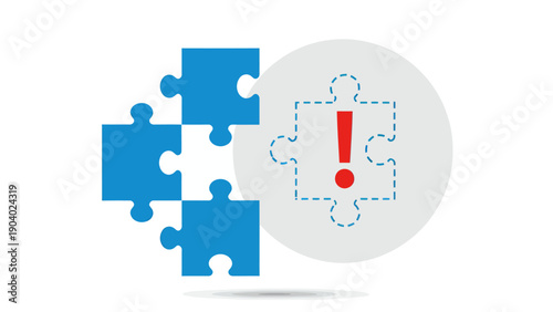 Abstract blue puzzle pieces assembling into a warning symbol with exclamation mark.