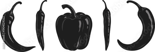 Black chili peppers and bell pepper illustration set, spicy vegetable icons isolated on white background for food packaging, culinary design, branding, and restaurant concepts