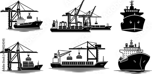 Cargo ship and port crane silhouette vector set showing container vessels, harbor loading operations and maritime logistics scenes for global shipping and freight design