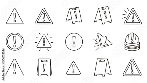 Collection of warning icons and hazard symbols in triangular signs.