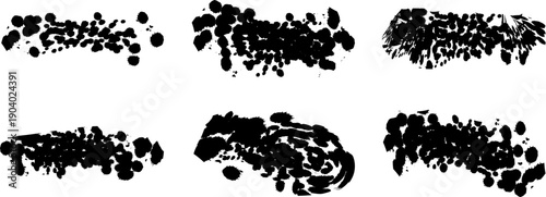 Vector black ink brush strokes set, grunge texture elements, paint splatters, abstract distressed shapes isolated on white