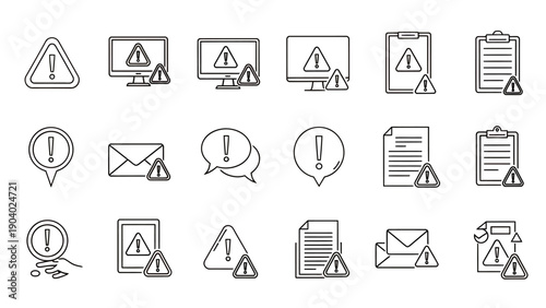 Set of line icons featuring envelopes, speech bubbles, lightbulbs, books and warnings in outline style.