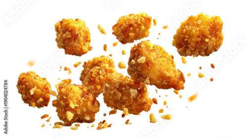 Crispy fried chicken nuggets floating in mid-air on transparent background
