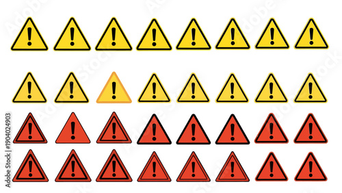 Set of warning triangle icons in yellow and red used as cautionary symbols for alerts and safety signs.