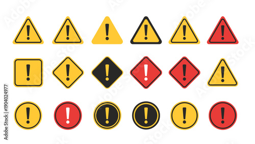 Collection of yellow and red warning triangle signs with exclamation marks icons.
