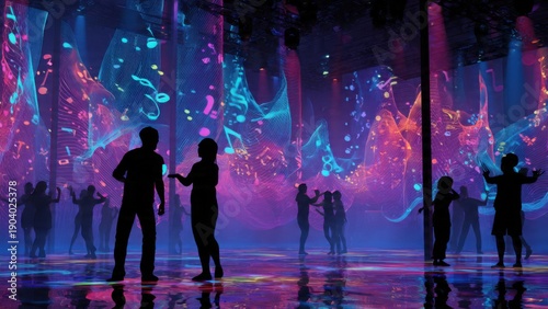 Silhouetted Figures Dancing in Vibrant Interactive Digital Art Installation with Colorful Lights and Abstract Patterns