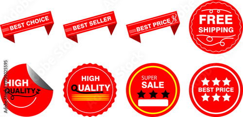 Red vector sale badges and labels set: Best Choice, Best Seller, Best Price, Free Shipping, High Quality, Super Sale, isolated on white