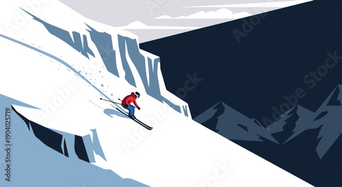 Illustration of a skier in red and blue skiing down a steep snowy mountain slope with a dramatic dark mountain range in the background.
