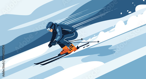 Illustration of a skier in motion on a snowy slope with mountains in the background, wearing a blue suit and orange boots, captured in a dynamic, stylized graphic style with cool tones.