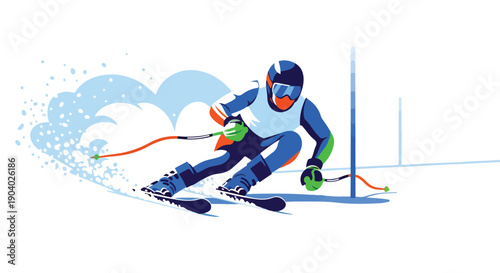 Illustration of a skier in motion, wearing blue and orange gear, turning with snow spraying, on a white background with blue lines.