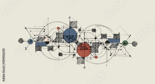 Geometric illustration of interconnected shapes and lines on a beige background with a technical and complex mood.