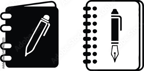 notebook icon set pen and spiral journal writing tools black white art