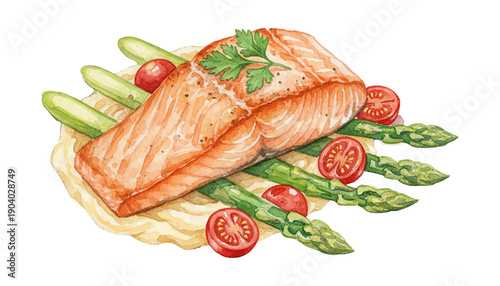 Delicious Cooked Salmon Fillet Served with Fresh Green Asparagus and Red Tomatoes in Watercolor Style
