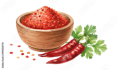 Watercolor illustration of red chili flakes in a rustic wooden bowl with two fresh red peppers and green herbs