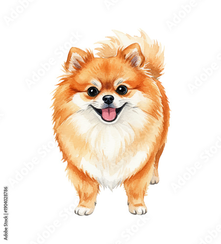 A cute happy fluffy orange Pomeranian dog smiling with tongue out standing looking forward watercolor illustration