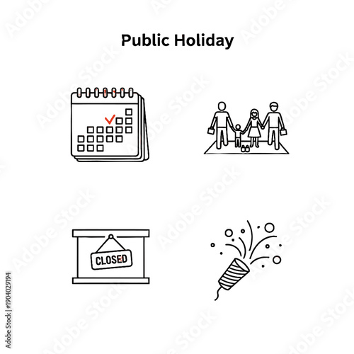 Public Holiday Celebration Icons Calendar Family Closed Sign Party Popper Vector Graphic Set