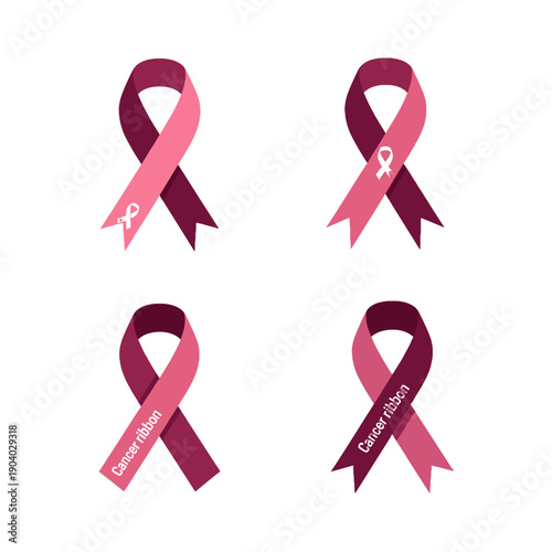 Four Cancer Awareness Ribbons in Shades of Pink and Burgundy with Textual Inscriptions Against a White Background Representing Different Cancers and Support Inscriptions