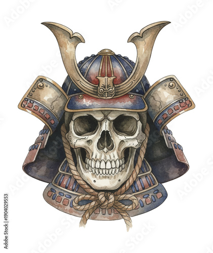 Fierce Samurai Warrior Skull Wearing Traditional Japanese Helmet and Armor Watercolor Illustration