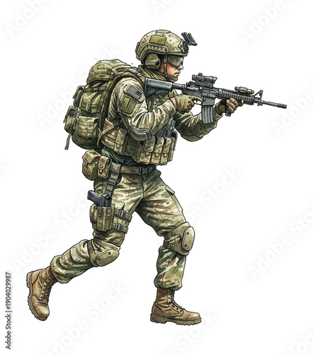 Male soldier in camouflage uniform tactical gear holding rifle focused expression ready for action illustration