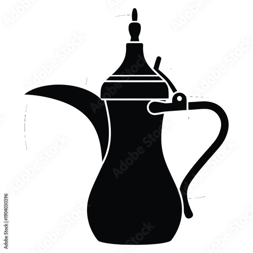 A sleek black silhouette of a traditional arabic coffee pot on transparent background