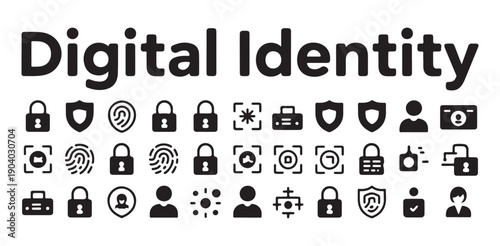 Digital identity concept secure login and biometric authentication icons black glyph style