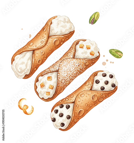 Three delicious Italian cannolis with creamy filling powdered sugar chocolate chips candied fruit and pistachios
