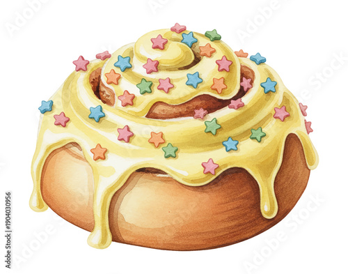 Sweet frosted cinnamon roll with colorful star sprinkles delicious pastry treat
