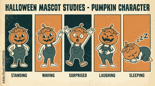 Retro Halloween Pumpkin Mascot Character Sheet: Character Design Study with Standing, Waving, Surprised, Laughing, and Sleeping Poses.