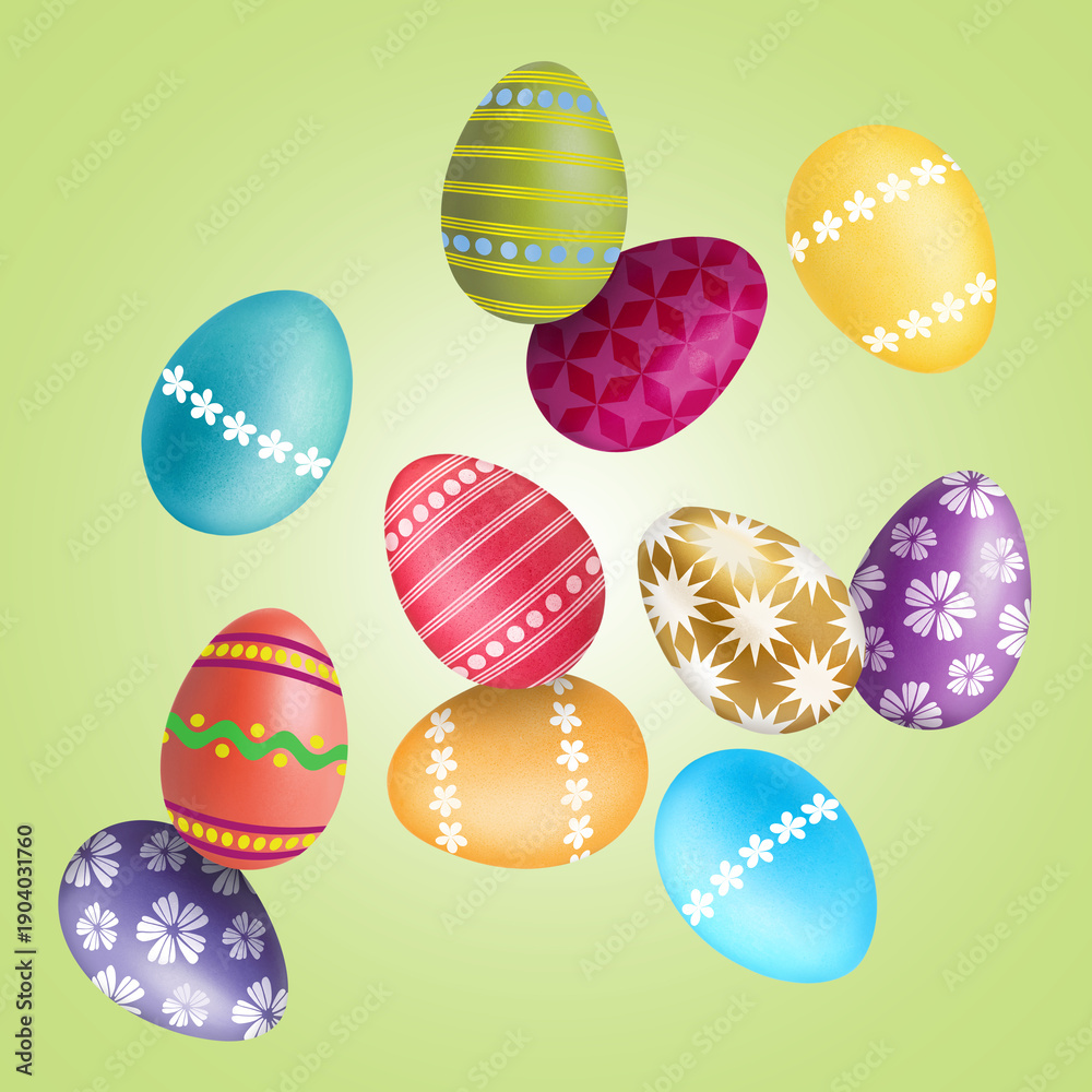 Fototapeta premium Easter eggs decorated for holiday falling on light green background