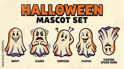 Vintage Halloween Ghost Mascot Set. Retro Cartoon Characters Showing Happy, Scared, Confused, and Playful Expressions with Distressed Texture.